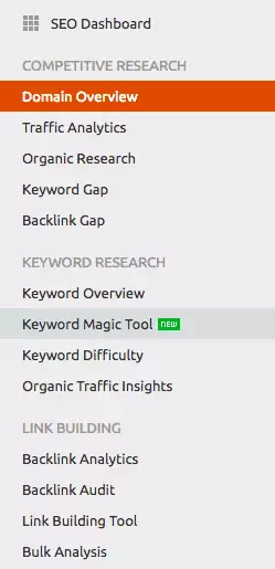 SEMRush Keyword Magic toolbar