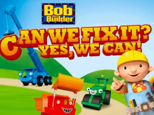 Cartoon character Bob the Builder saying "Can we fix it? Yes we can!"