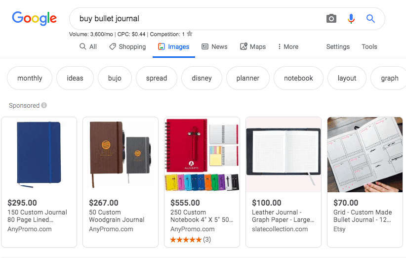 Google Images results for "buy bullet journal" keyword