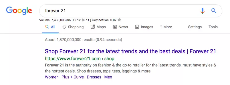 Google search for "Forever 21"