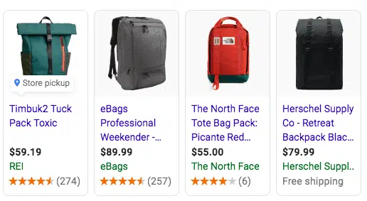 Screenshot of "travel backpack" images