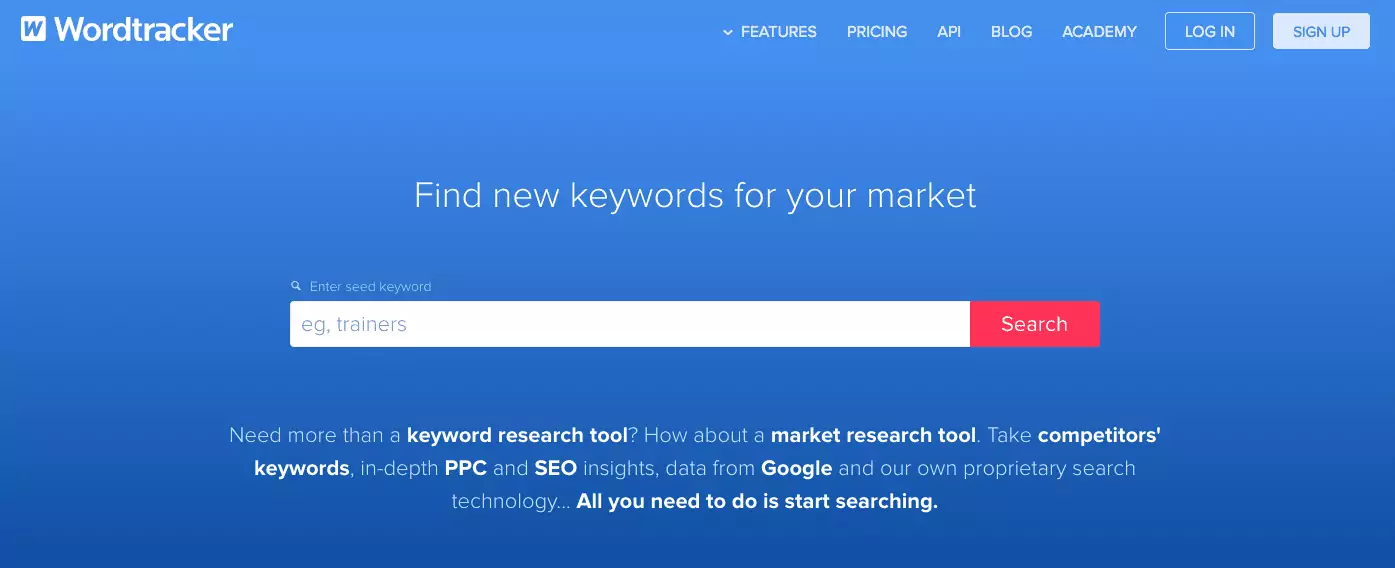 Screenshot of Wordtracker keyword tool search page