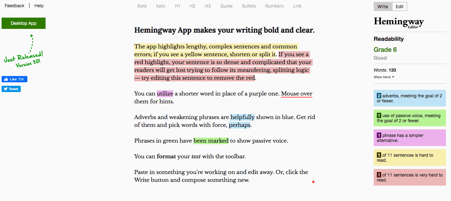 Hemingway App content editor