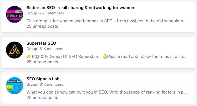 Screenshot of SEO-related Facebook Groups