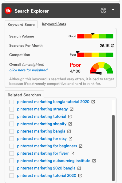 TubeBuddy keyword research results