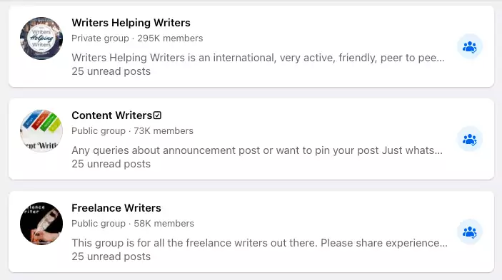 Screenshot of top SEO writer Facebook Groups