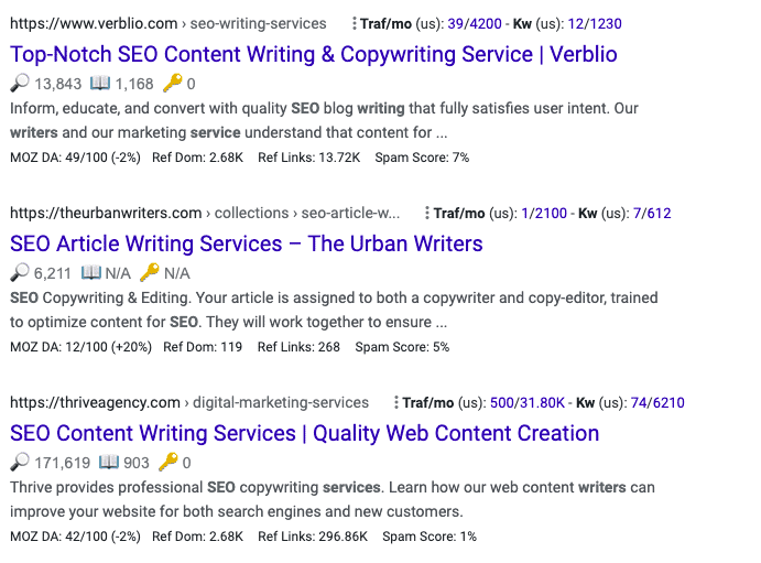 Screenshot of Google search for "SEO writing services"