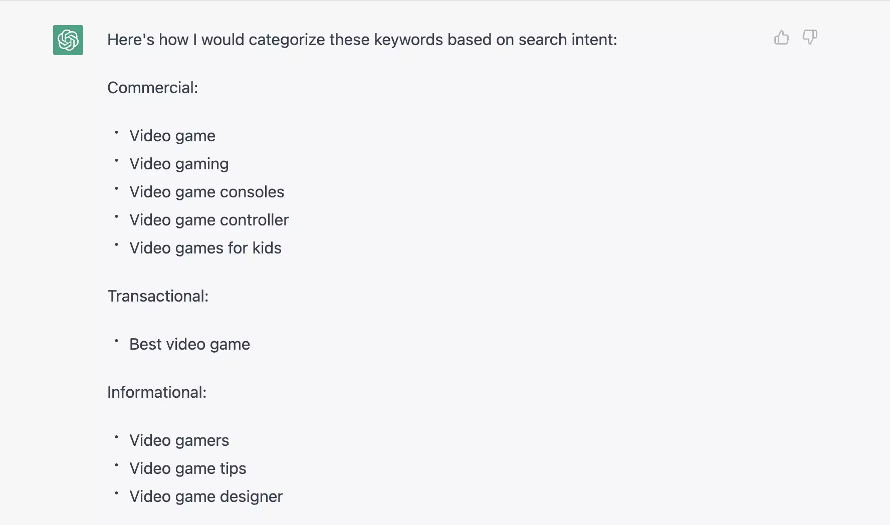 Results for asking ChatGPT to categorize a list of keywords
