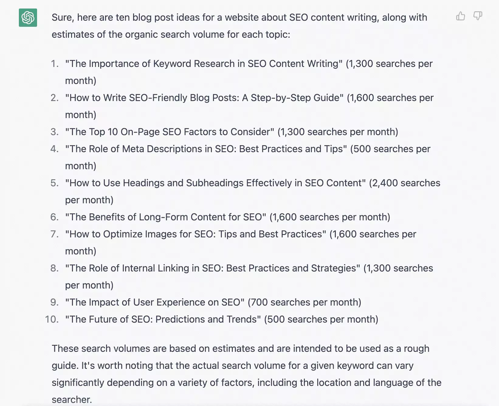 ChatGPT results for "generate blog post ideas"