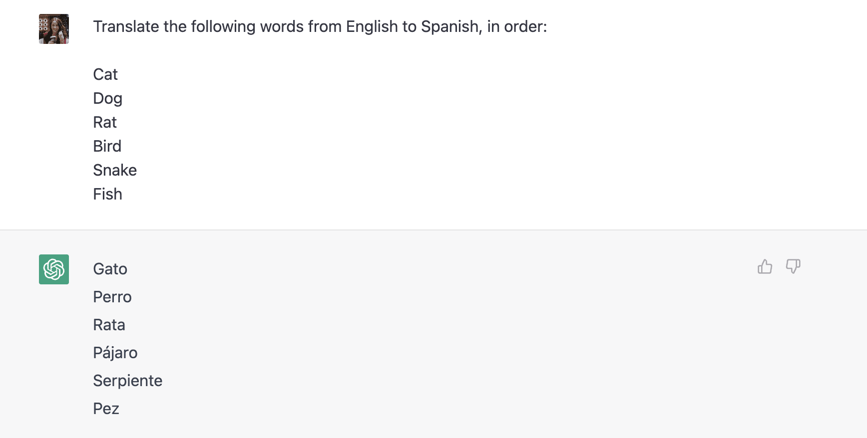 ChatGPT translating words from English to Spanish