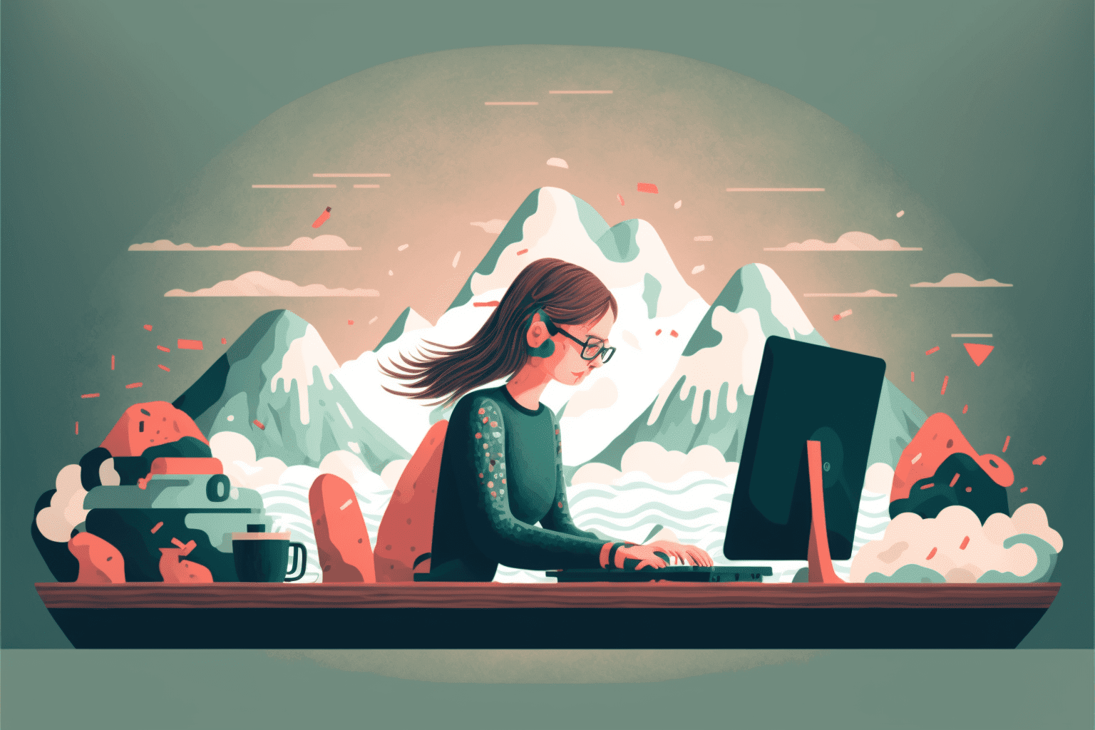 AI-created image of brunette girl working at laptop with mountains in background