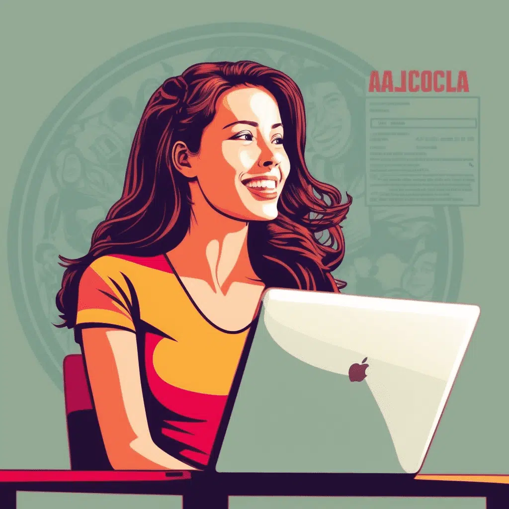 AI-generated image of woman laughing while working at laptop