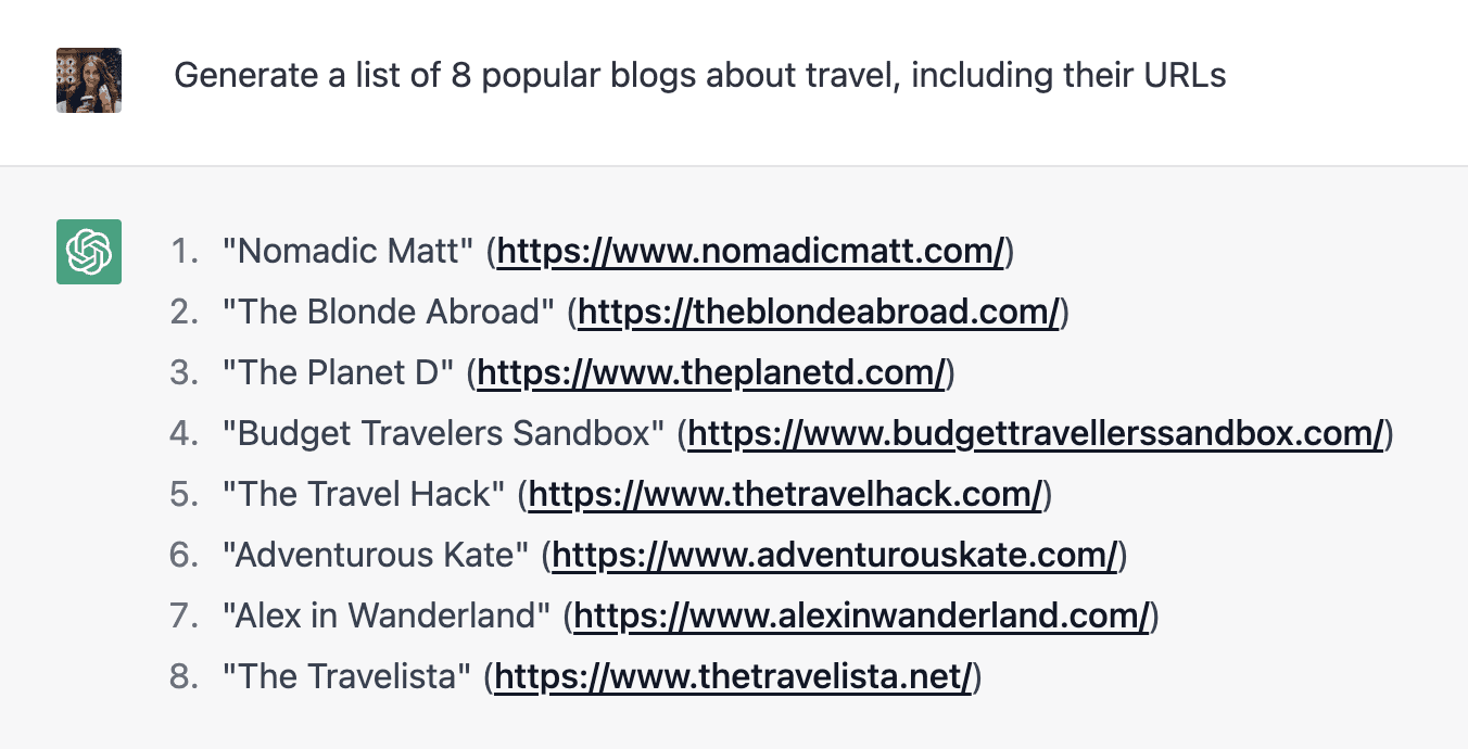 ChatGPT generating list of websites for backlink outreach