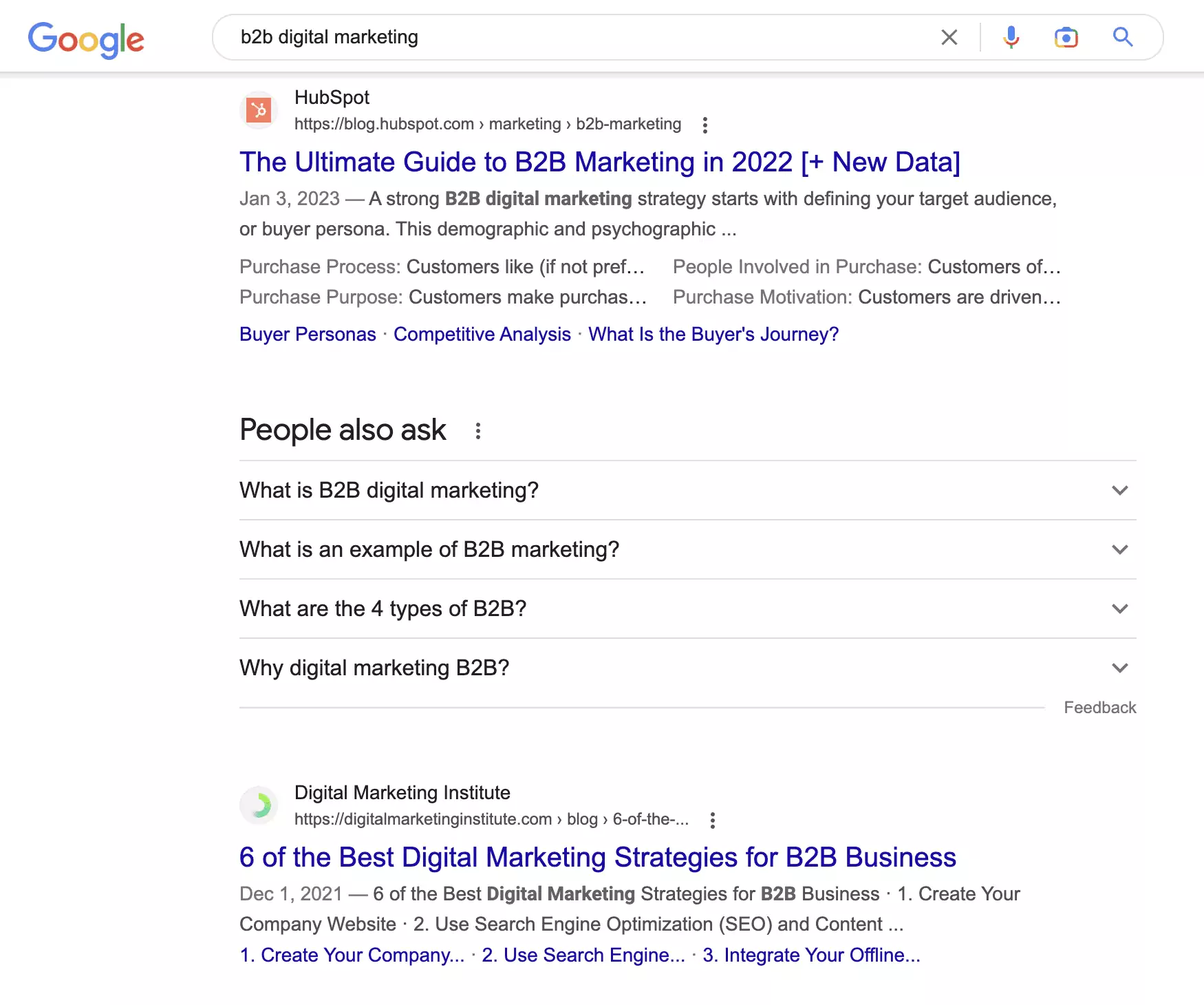 Google organic results for "B2B digital marketing"