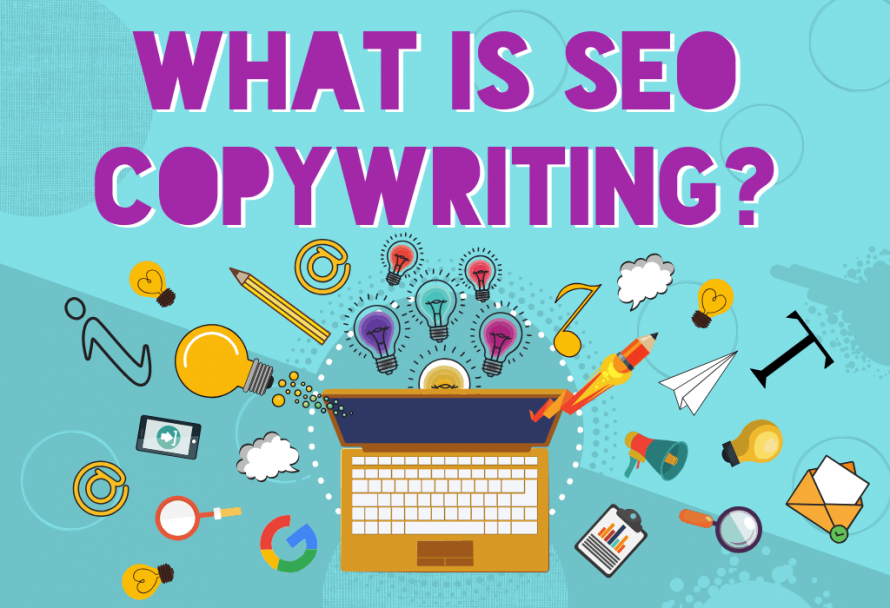 Featured image: "What is SEO Copywriting"; with laptop and content writing tools
